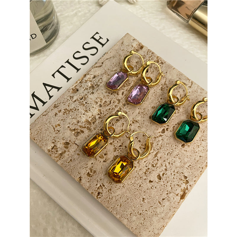 French Pastoral Vintage Antique Brass Color Stone Earrings Women