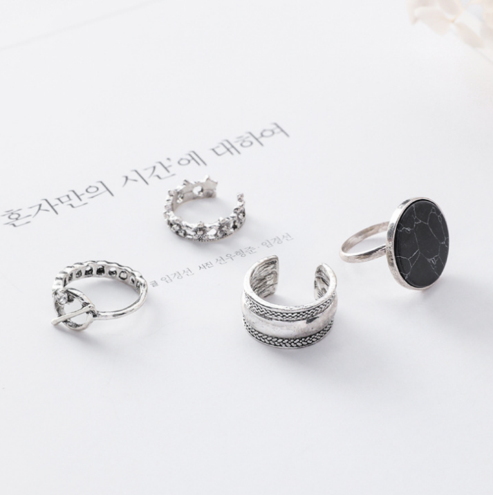 Marble ring 4 piece set Europe and America minimalist ins wind personality joint ring opening ring set ring Korean jewelry
