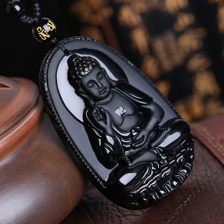 Black Obsidian Stone Buddha Necklace