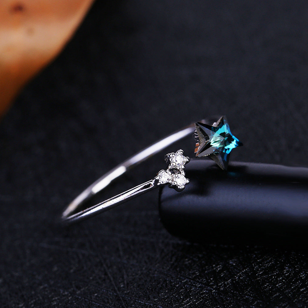 High Grade Platinum Japanese And Korean Elements Crystal Five-pointed Star Super Zircon Ring