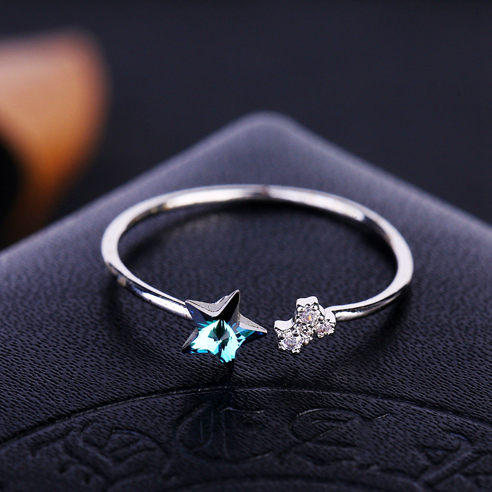 High Grade Platinum Japanese And Korean Elements Crystal Five-pointed Star Super Zircon Ring