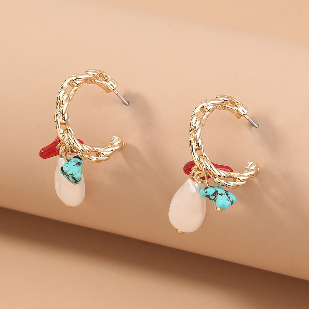 C-shaped Metal Earrings Retro Natural Stone Mix And Match Special-shaped Pearl Jewelry Earrings