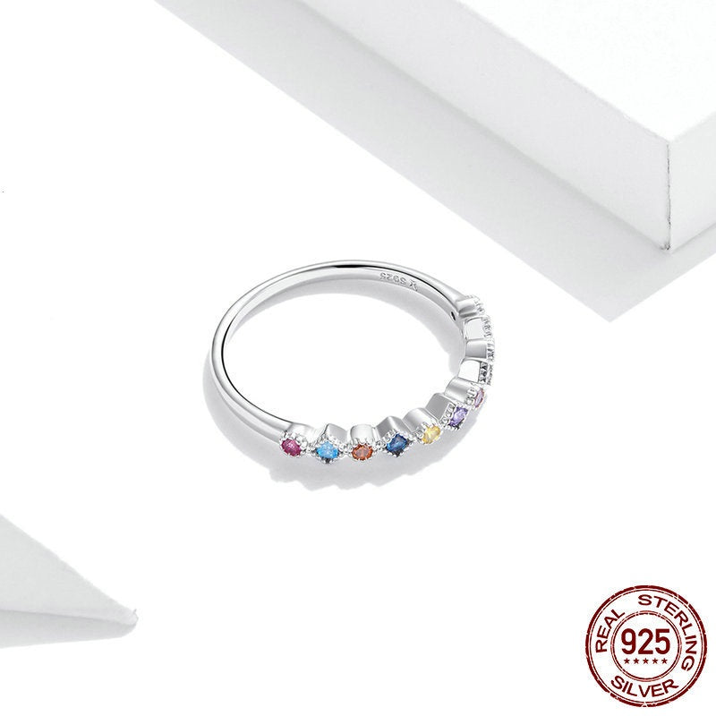 Pure Silver Ring S925 Color Zircon Ring Simple Fashion Colorful Hand Decoration