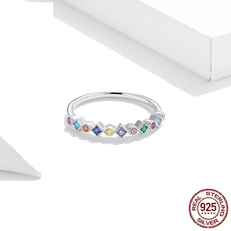 Pure Silver Ring S925 Color Zircon Ring Simple Fashion Colorful Hand Decoration