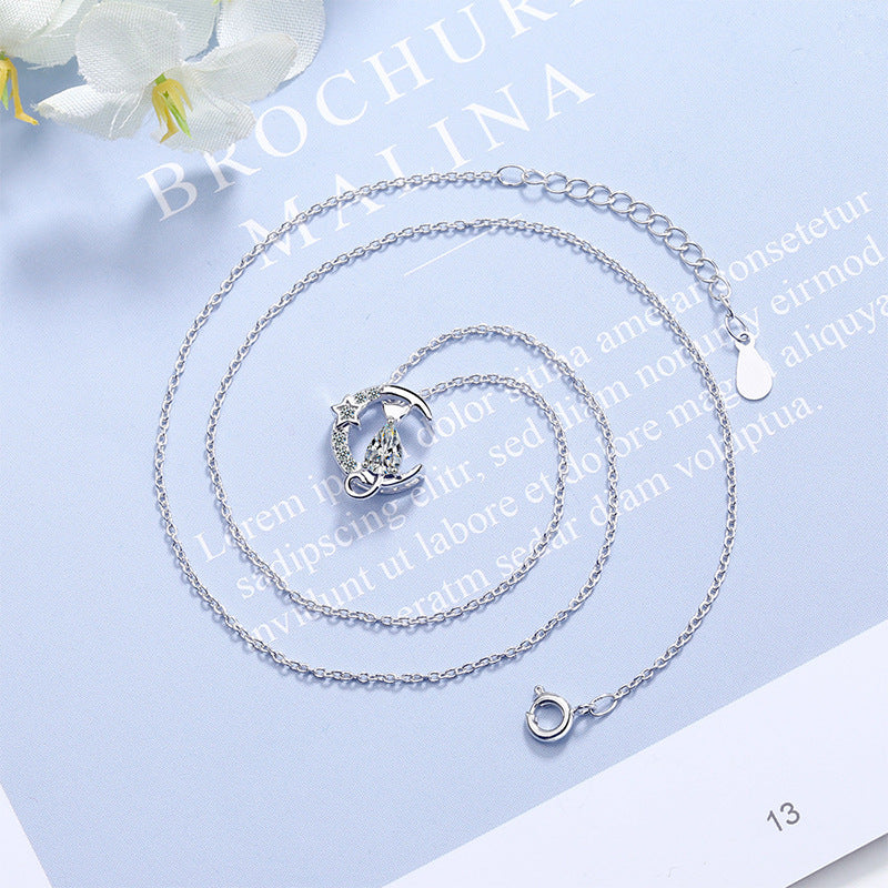 Diamond Moon Cat Clavicle Chain Pendant Necklace