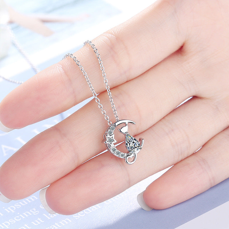 Diamond Moon Cat Clavicle Chain Pendant Necklace