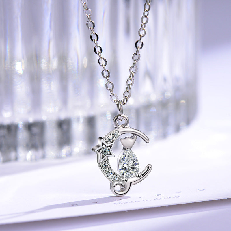 Diamond Moon Cat Clavicle Chain Pendant Necklace