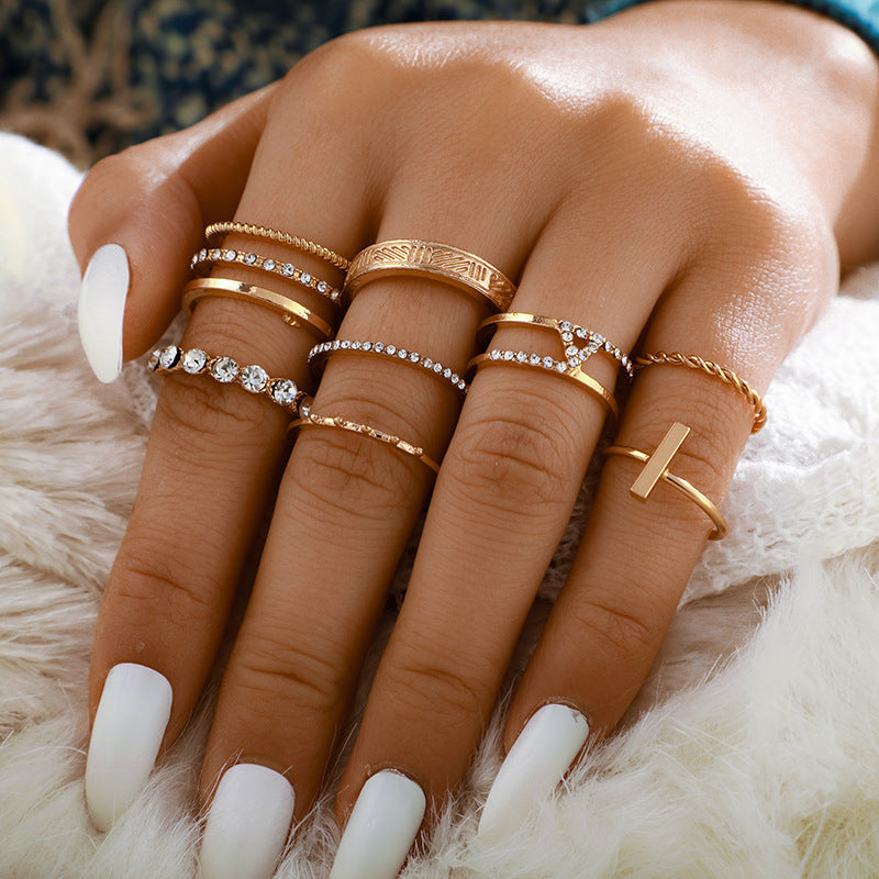 Twist And Diamond Open Word Ring 8-Piece Set, RetroJoint Ring Set