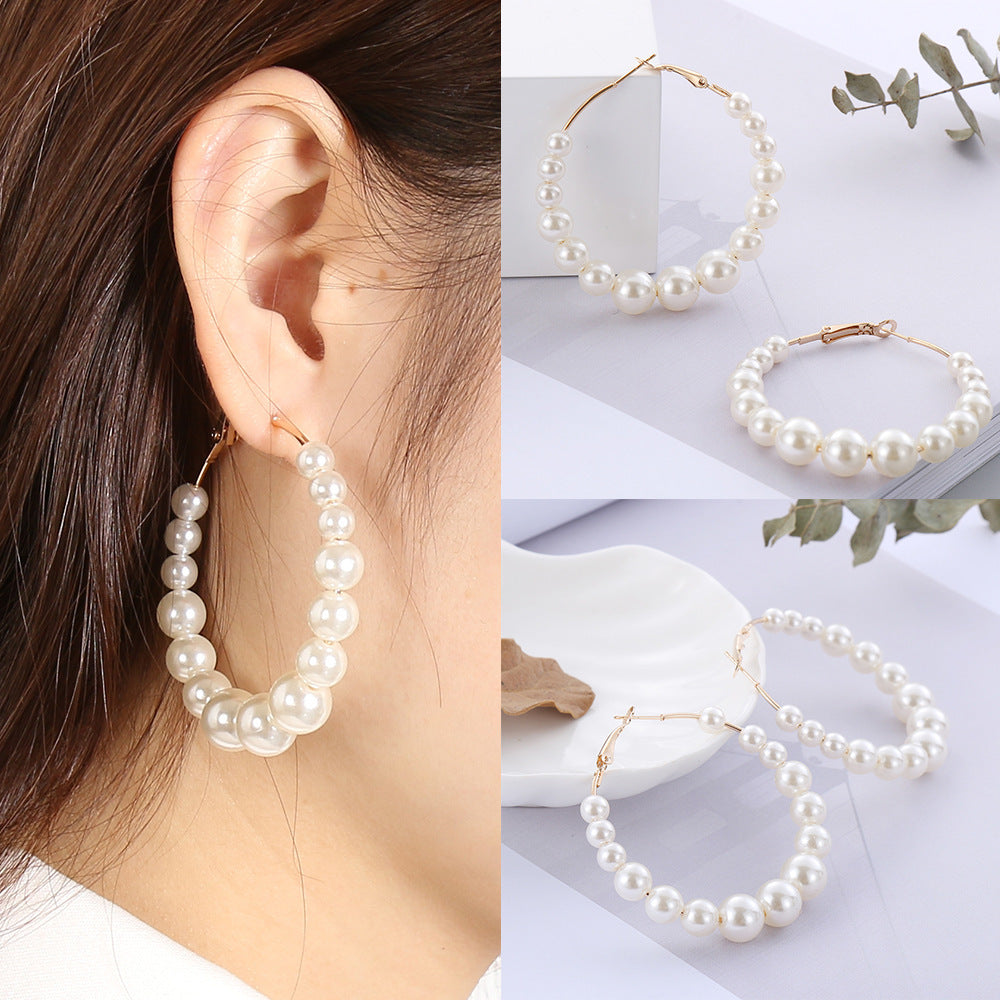 Women Elegant White Pearls Round Hoop Earrings Girl