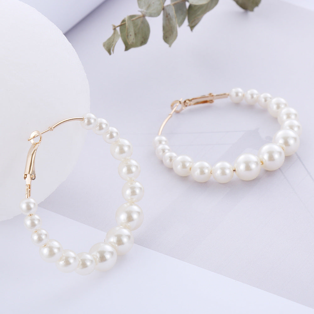 Women Elegant White Pearls Round Hoop Earrings Girl
