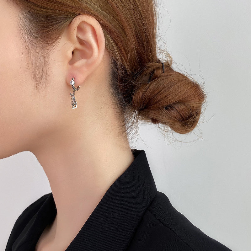925 Sterling Silver Rabbit Earrings Asymmetrical Earrings Tassel Earrings