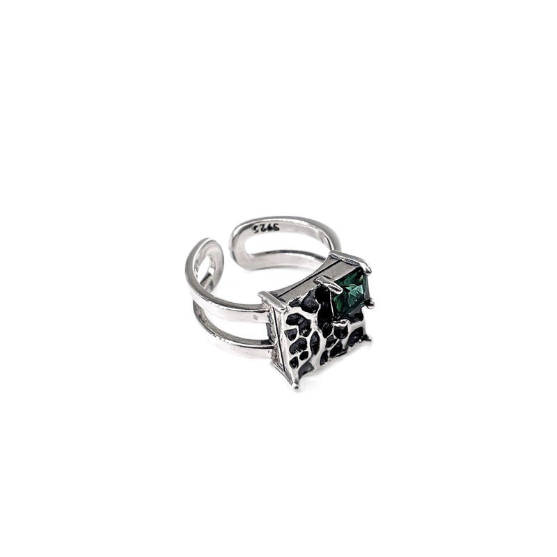 Vintage Silver Square Dark Green Diamond S925 Sterling Silver Ring