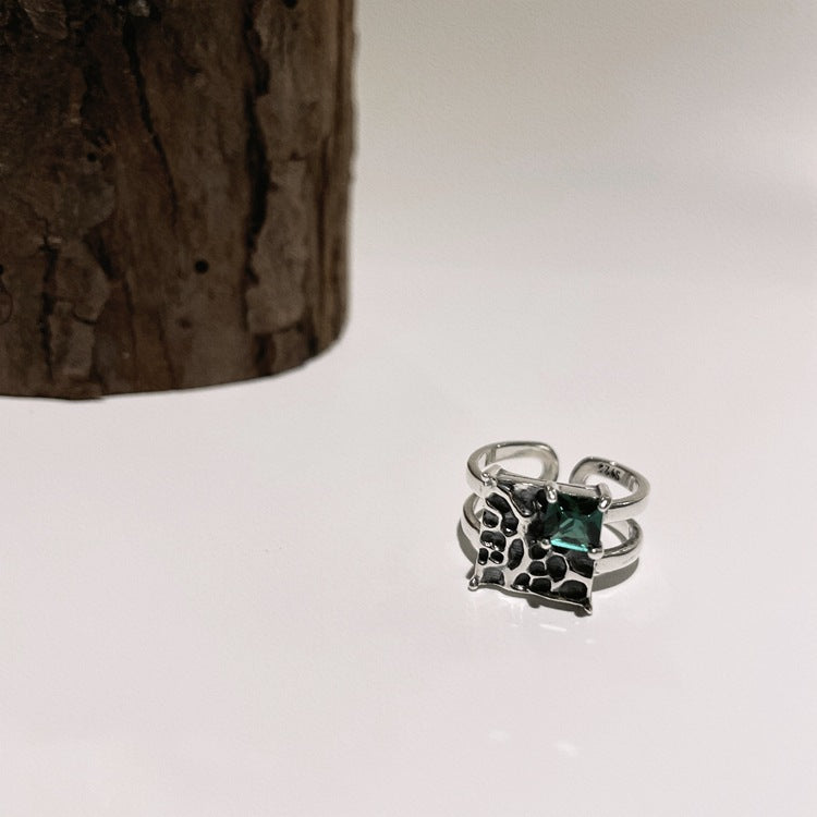 Vintage Silver Square Dark Green Diamond S925 Sterling Silver Ring