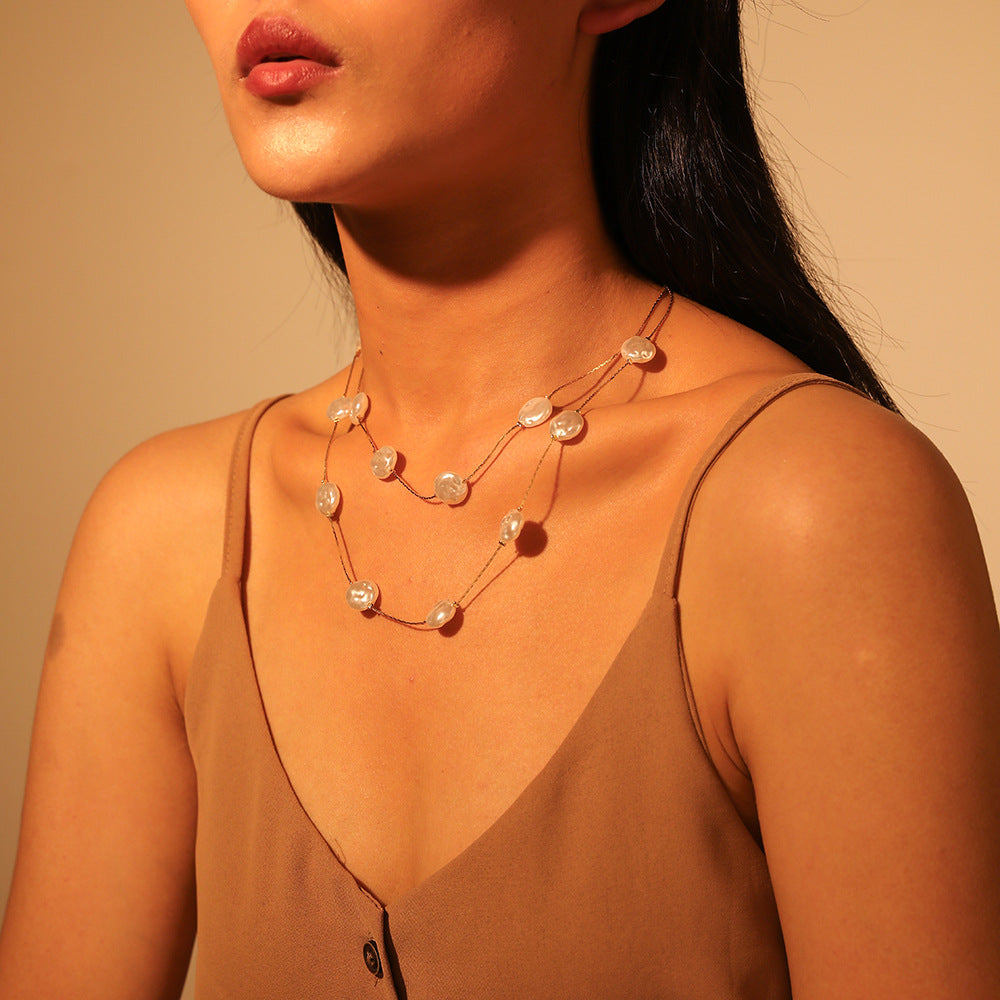 Double imitation pearl necklace