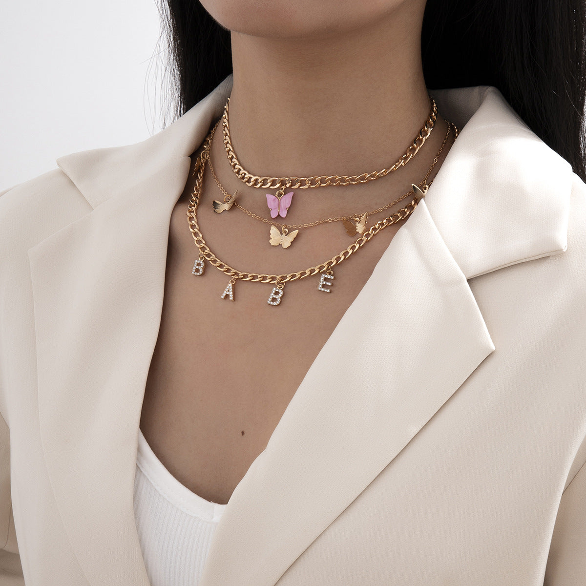 Fashion Diamond Letter Butterfly Set Necklace