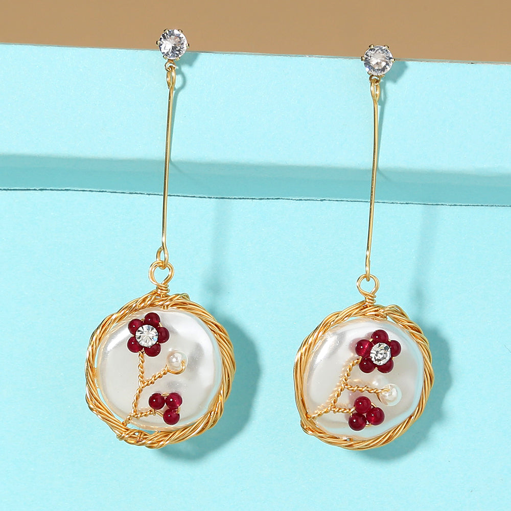 Hand-wound natural stone flower long Tassel red white earrings
