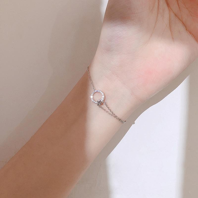 925 Sterling Silver Diamond Circle Double Bracelet Simple Personality Female Bracelet Korean Version