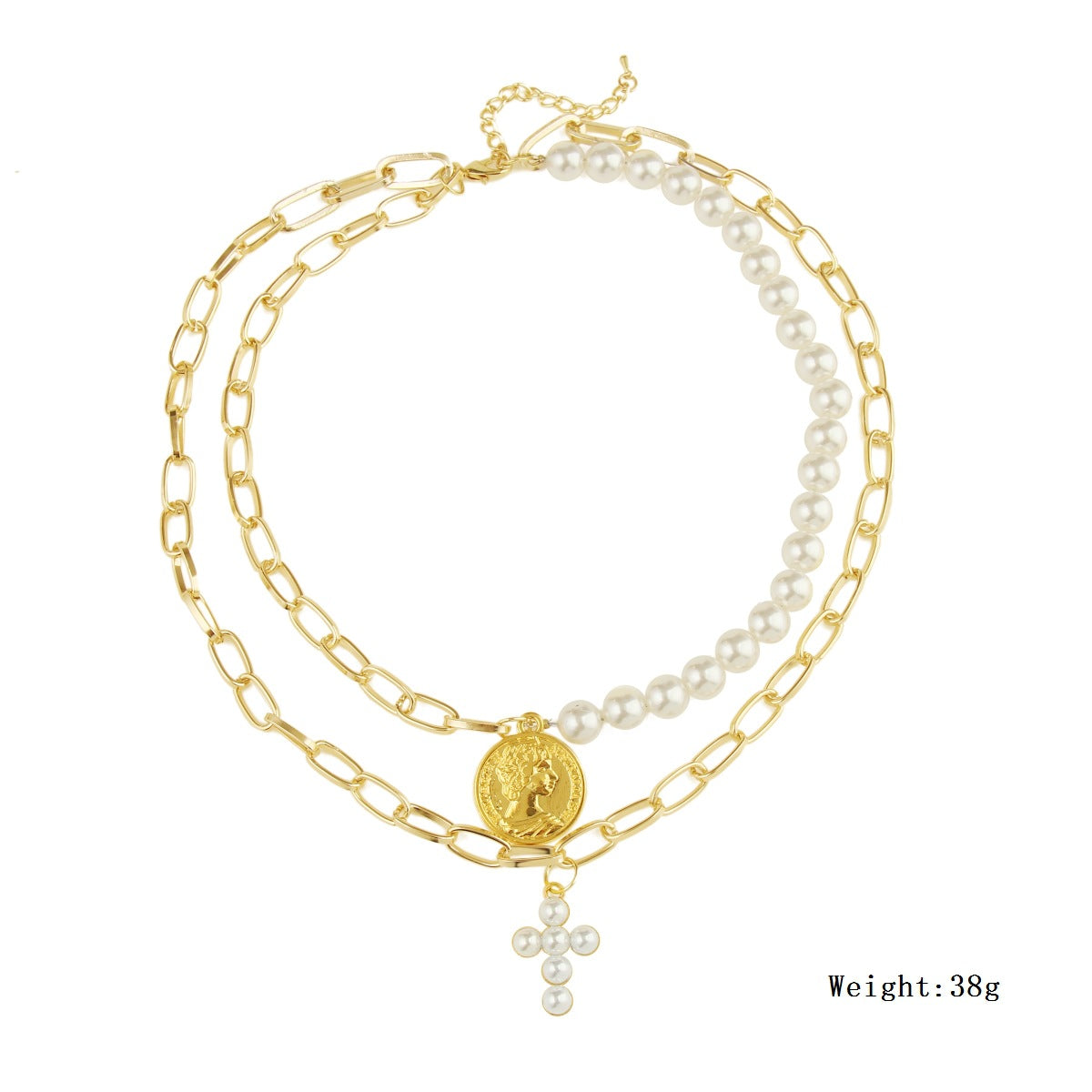 Multilayer Pearl Cross Necklace