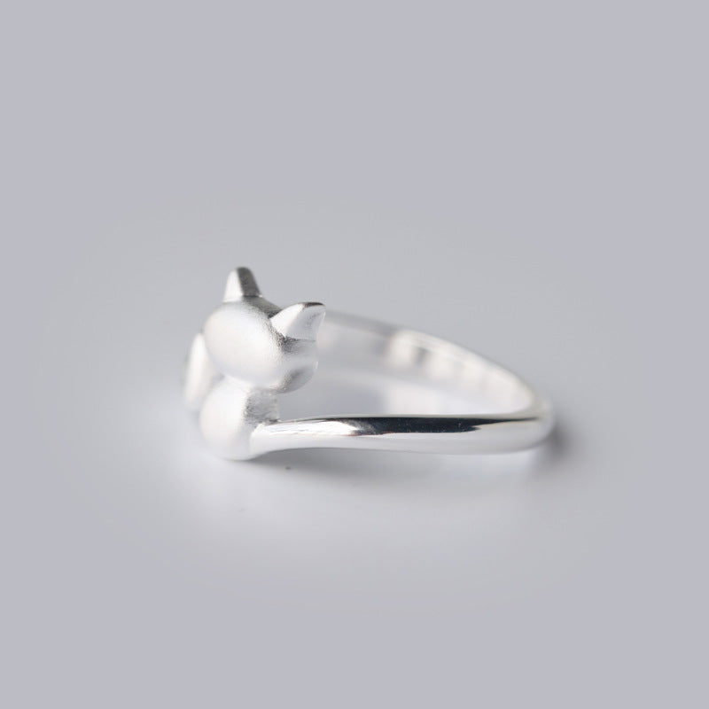 S925 Silver Ring Female Cute Frosted Cat Opening