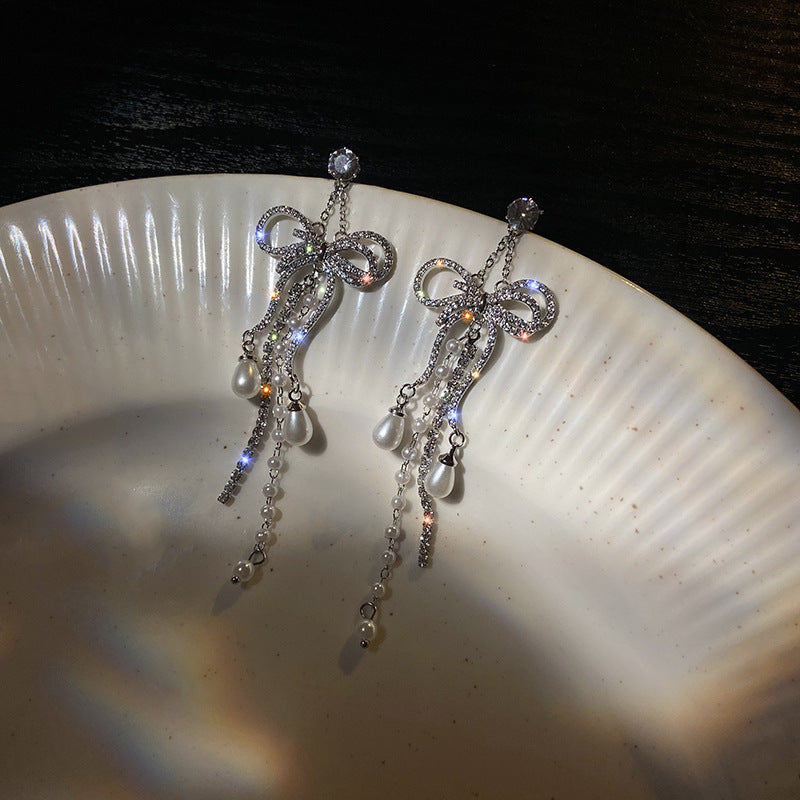 Zircon Bowknot Tassel Earrings European And American Exaggerated Long Earrings Earrings