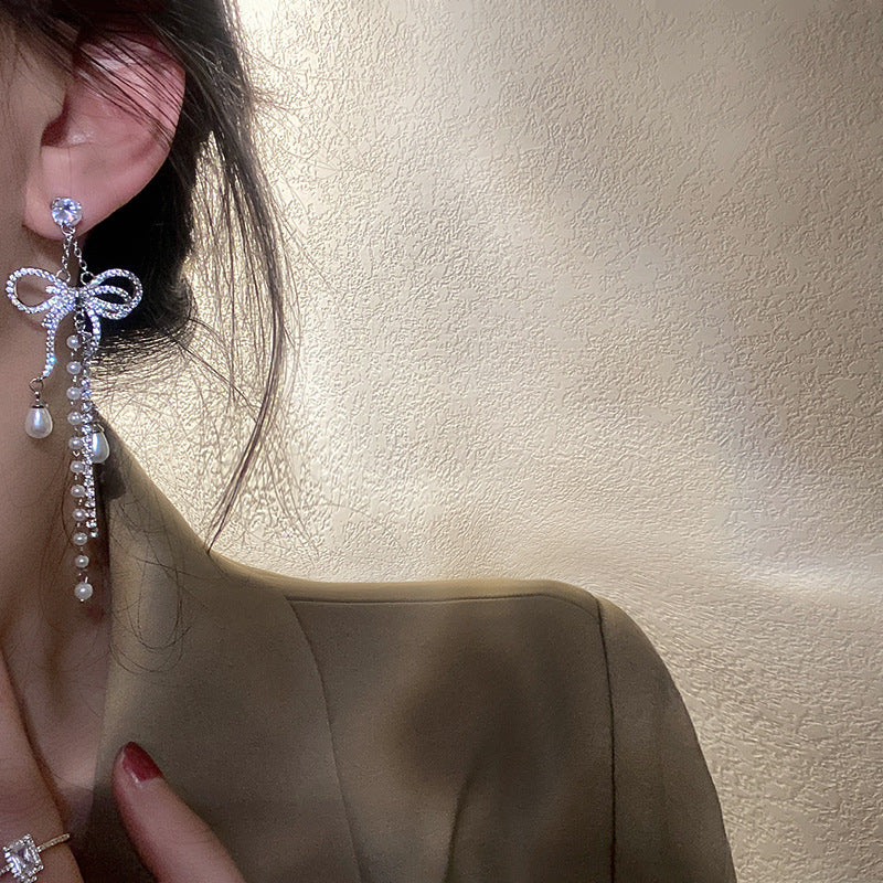 Zircon Bowknot Tassel Earrings European And American Exaggerated Long Earrings Earrings