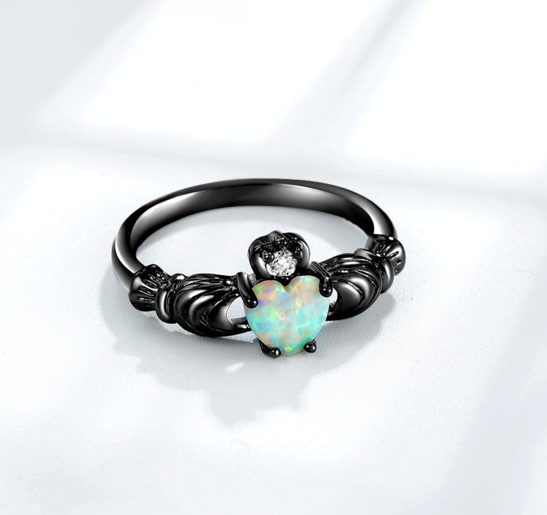 Heart Opal Crown Gun Black Ring