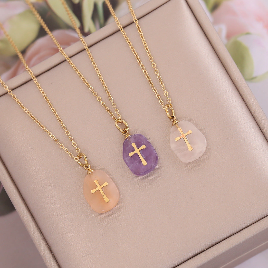 Women's Metal Natural Stone Cross Necklace