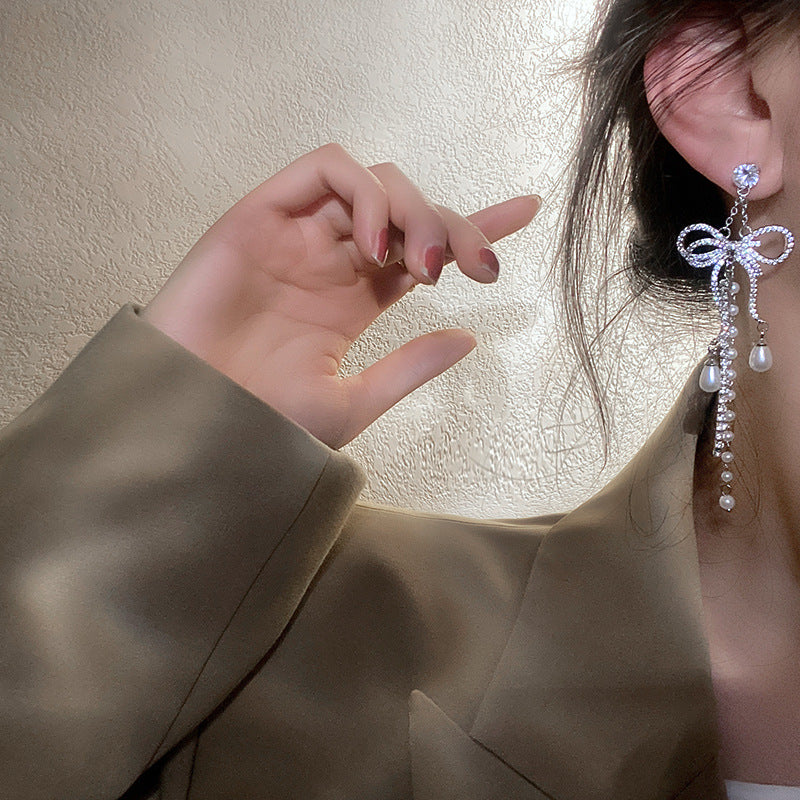 Zircon Bowknot Tassel Earrings European And American Exaggerated Long Earrings Earrings