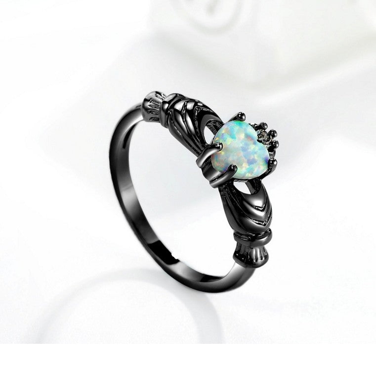 Heart Opal Crown Gun Black Ring