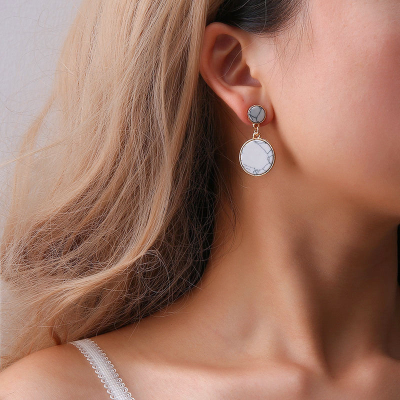 Black And White Cracked Stone Size Round Marble Pattern Earrings