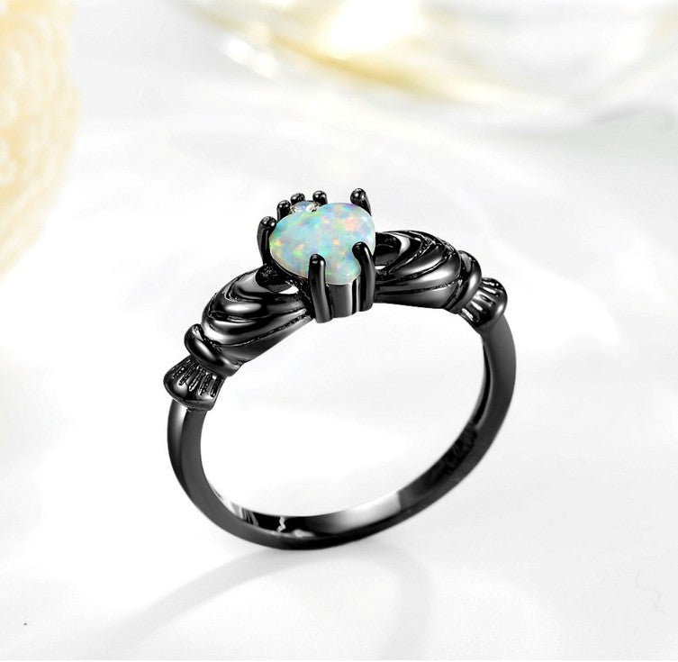 Heart Opal Crown Gun Black Ring