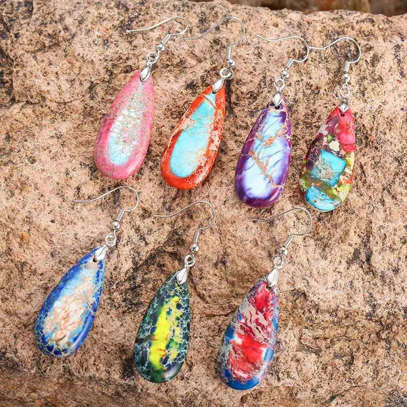 Colorful Imperial Stone Earrings Retro Wind Drop-shaped Natural Stone Temperament Female Earrings