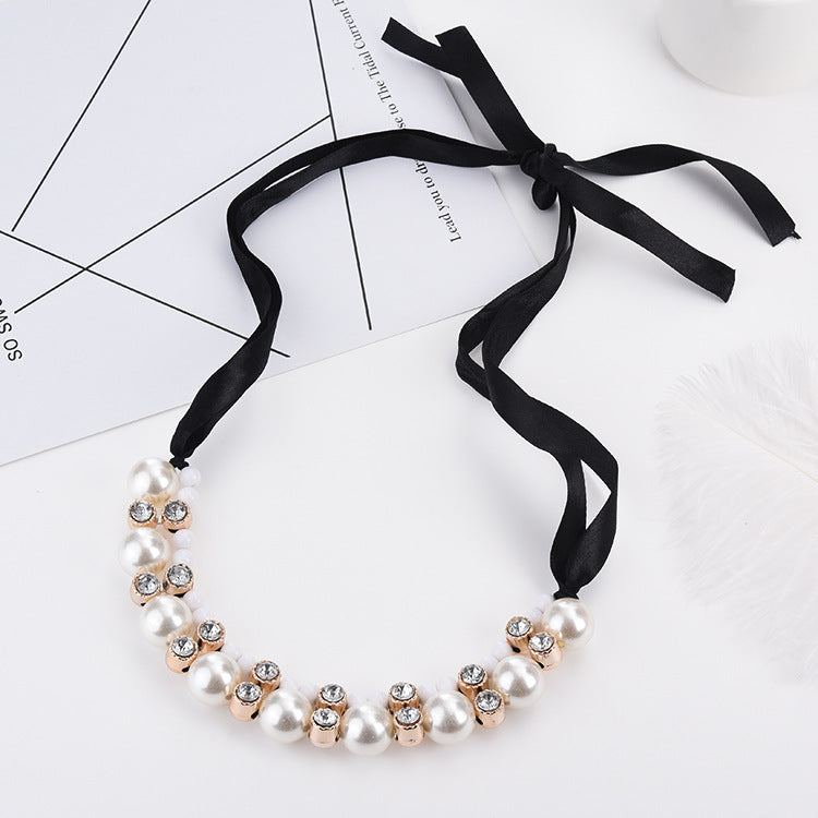 Double row pearl ribbon necklace