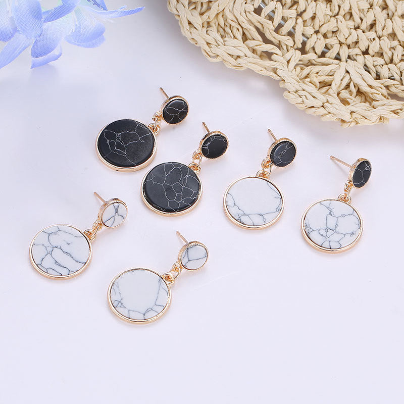 Black And White Cracked Stone Size Round Marble Pattern Earrings