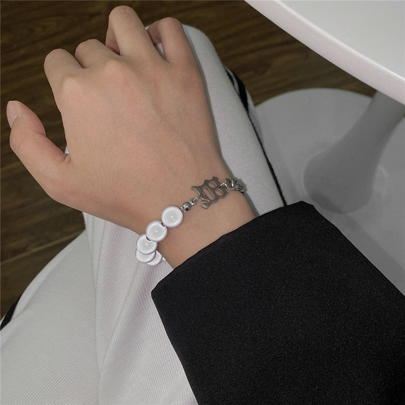 Reflective Pearl Letter Titanium Steel Bracelet