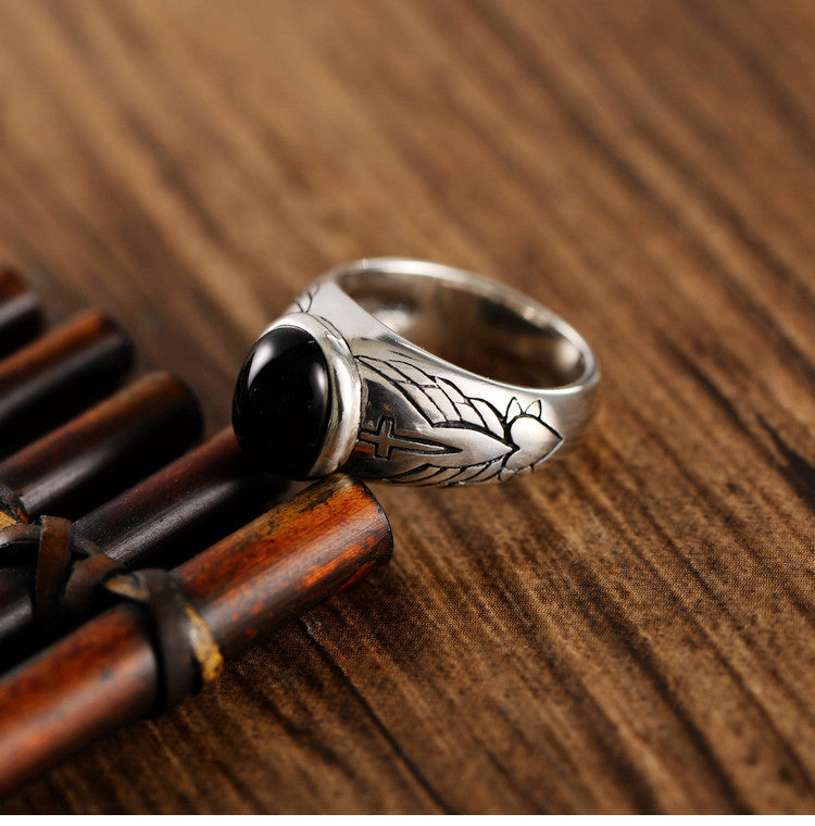 Vintage Thai Silver Black Agate Ring