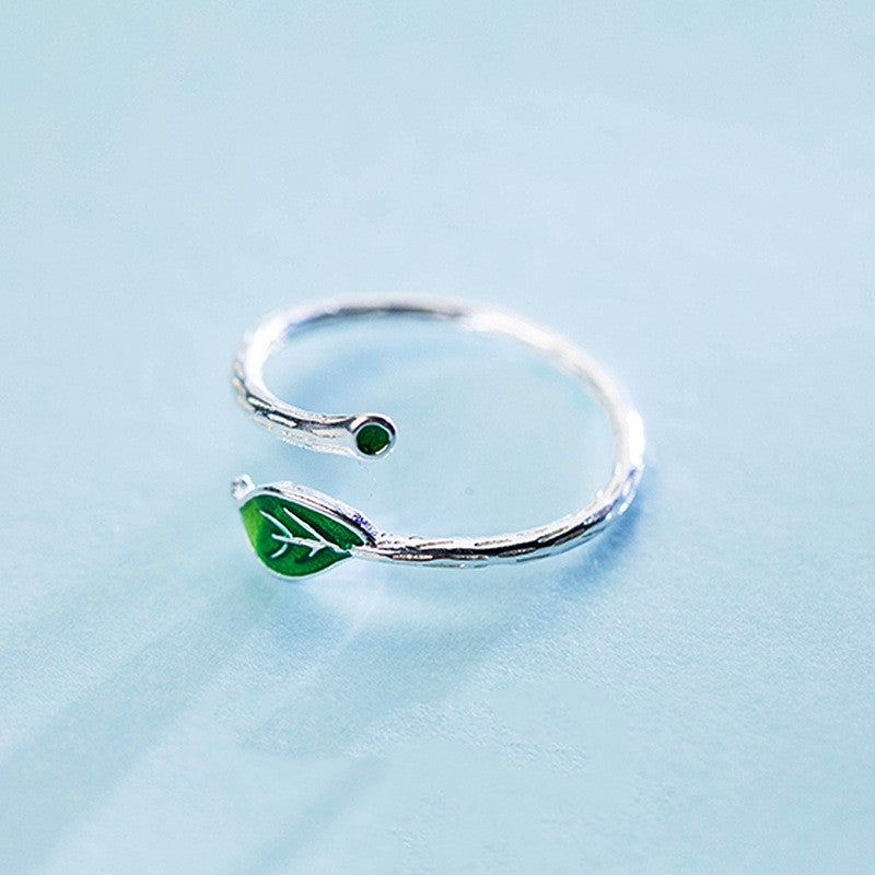 Ring Women's Simple Branch Green Leaf Ring Artistic Leaf Single Ring Female