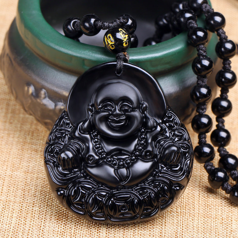 Obsidian Buddha Head Crystal Necklace