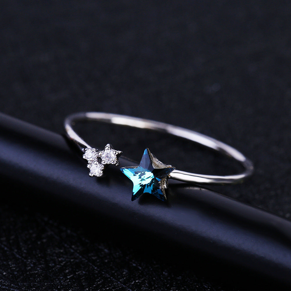 High Grade Platinum Japanese And Korean Elements Crystal Five-pointed Star Super Zircon Ring