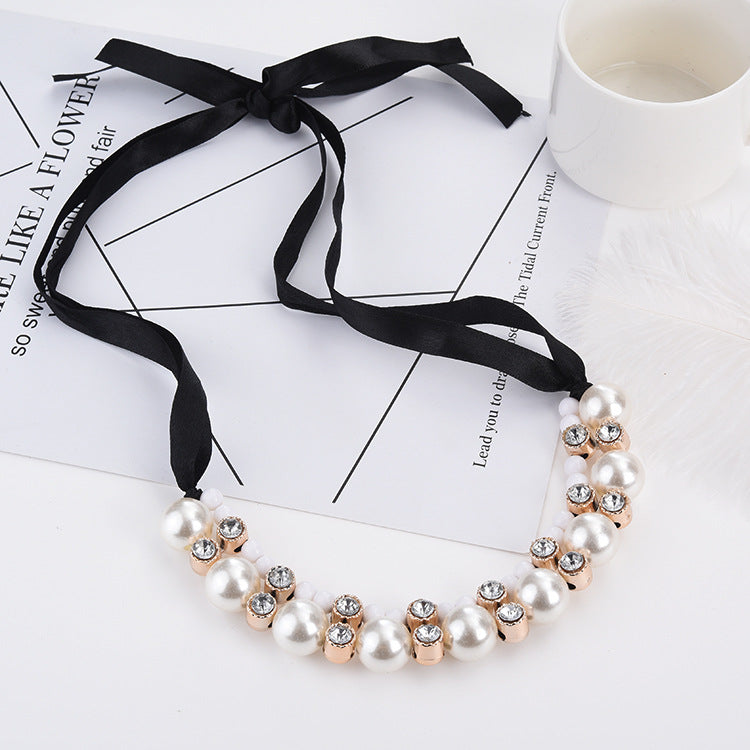 Double row pearl ribbon necklace