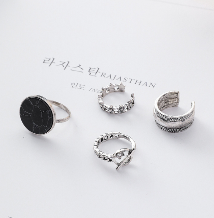 Marble ring 4 piece set Europe and America minimalist ins wind personality joint ring opening ring set ring Korean jewelry