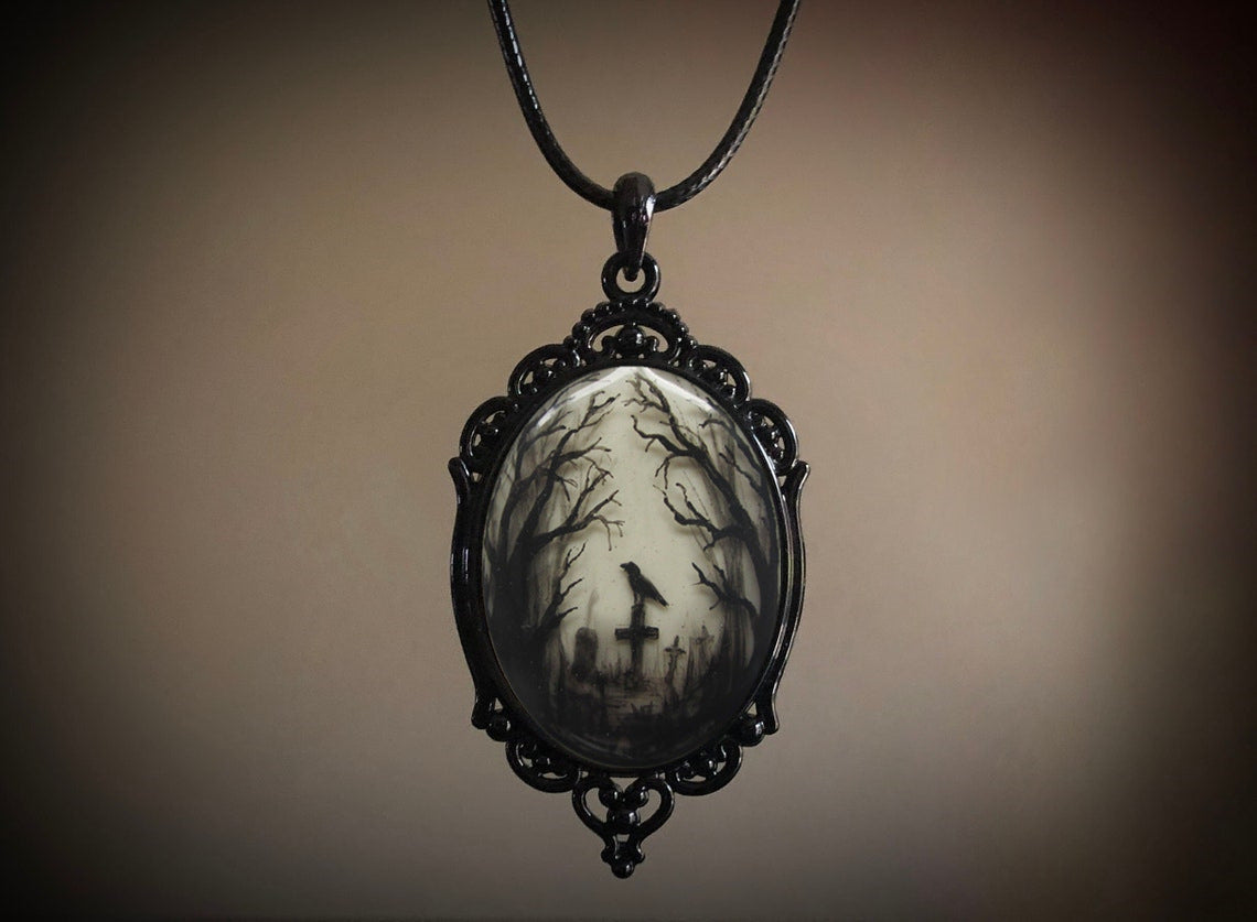 Gothic Crow Cross Glass Pendant Necklace