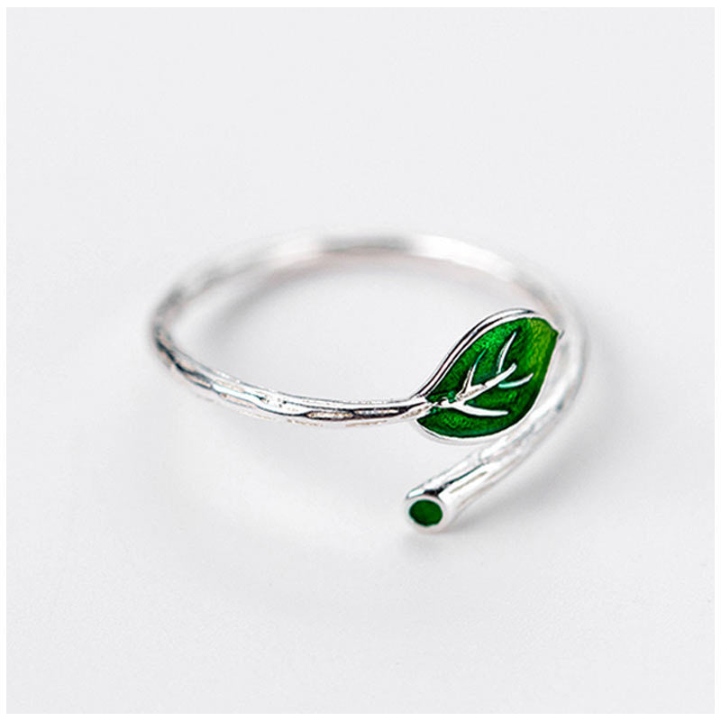 Ring Women's Simple Branch Green Leaf Ring Artistic Leaf Single Ring Female