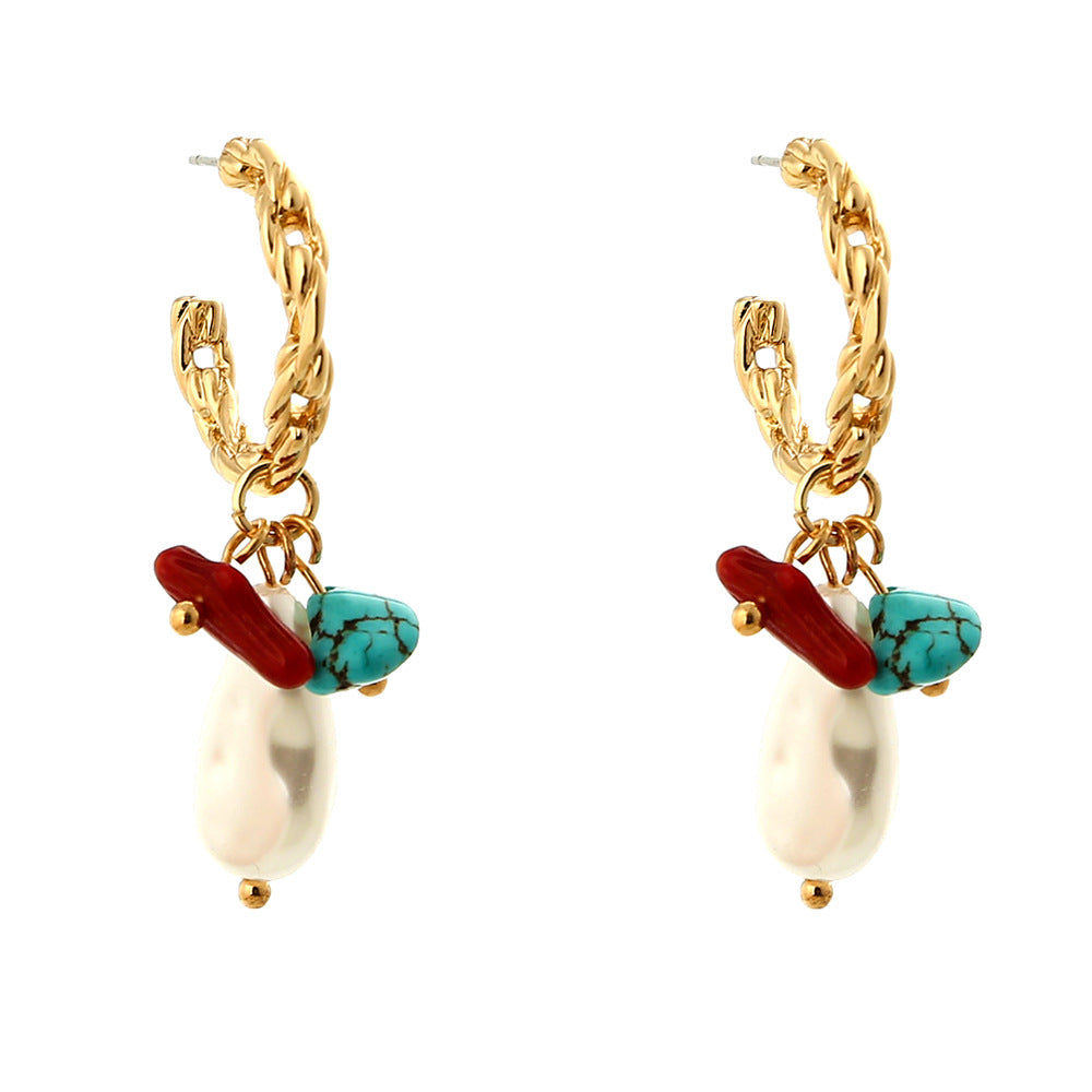 C-shaped Metal Earrings Retro Natural Stone Mix And Match Special-shaped Pearl Jewelry Earrings