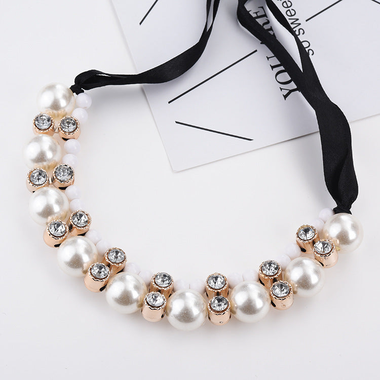 Double row pearl ribbon necklace