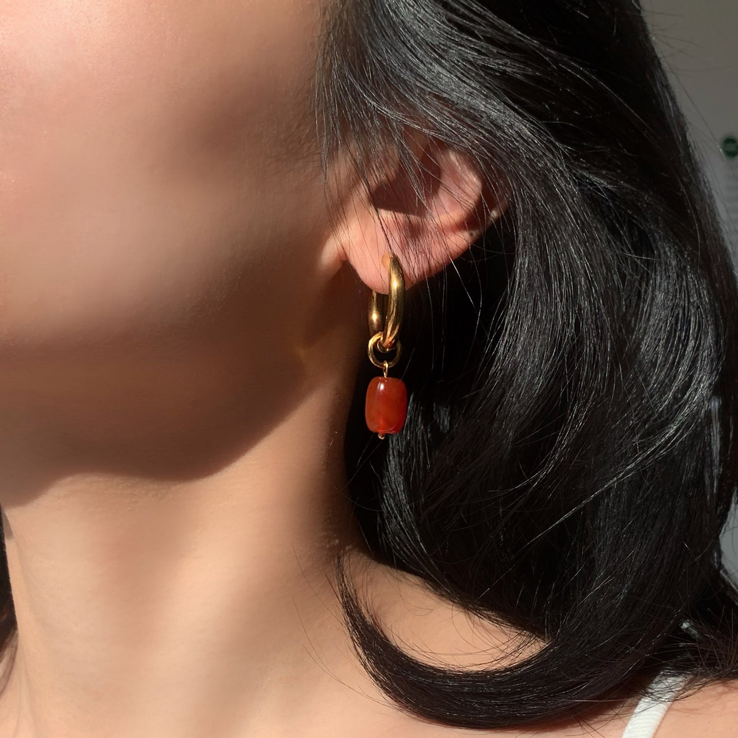 Women's Double Gold Plated Onyx Stone Pendant Stainless Steel Earrings