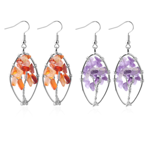 Natural Crystal Crushed Stone Earrings Handmade Tree Of Life Women's Turquoise