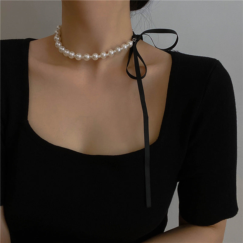 Personalized Pearl Black Bow Tie Necklace
