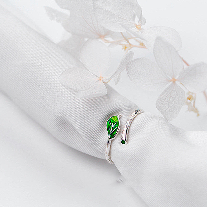 Ring Women's Simple Branch Green Leaf Ring Artistic Leaf Single Ring Female