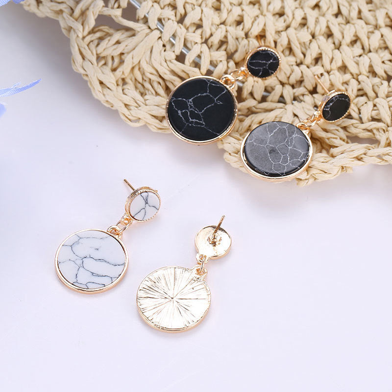 Black And White Cracked Stone Size Round Marble Pattern Earrings